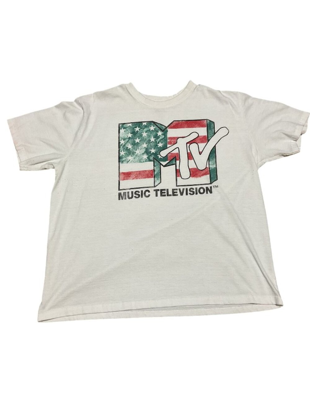 MTV Music Television American Flag Logo White T-Shirt M Short Sleeve Oversized